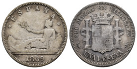 Centenary of the Peseta (1868-1931). Provisional Government (1868-1871). 1 peseta. 1869*_ _-69. Madrid. SNM. (Cal-17). Ag. 4,82 g. Legend ESPAÑA. Rare...