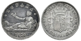 Centenary of the Peseta (1868-1931). Provisional Government (1868-1871). 1 peseta. 1870*18-73. Madrid. DEM. (Cal-19). Ag. 5,01 g. Almost VF. Est...25,...