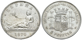 Centenary of the Peseta (1868-1931). Provisional Government (1868-1871). 5 pesetas. 1870*18-70. Madrid. SNM. (Cal-39). Ag. 24,91 g. Choice VF. Est...5...