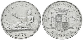 Centenary of the Peseta (1868-1931). Provisional Government (1868-1871). 5 pesetas. 1870*18-70. Madrid. SNM. (Cal-39). Ag. 24,90 g. Cleaned. VF. Est.....