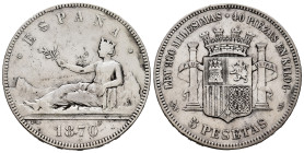 Centenary of the Peseta (1868-1931). Provisional Government (1868-1871). 5 pesetas. 1870 *18-18. Madrid. SNM. (Cal-40). Ag. 24,72 g. Almost VF. Est......