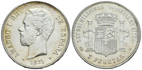 Centenary of the Peseta (1868-1931). Amadeo I (1871-1873). 5 pesetas. 1871*18-71. Madrid. SDM. (Cal-1). Ag. 24,55 g. Almost XF. Est...90,00. 

Spani...