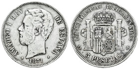 Centenary of the Peseta (1868-1931). Amadeo I (1871-1873). 5 pesetas. 1871*18-71. Madrid. SDM. (Cal-1 var). Ag. 24,61 g. Variant without a dot after K...