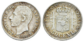 Centenary of the Peseta (1868-1931). Alfonso XII (1874-1885). 50 centimos. 1880*8-0. Madrid. MSM. (Cal-11). Ag. 2,60 g. First weakly struck star . Cho...