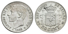 Centenary of the Peseta (1868-1931). Alfonso XII (1874-1885). 50 centimos. 1885*8-5. Madrid. MSM. (Cal-14). Ag. 2,51 g. Small planchet flaw on reverse...