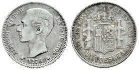 Centenary of the Peseta (1868-1931). Alfonso XII (1874-1885). 1 peseta. 1876*18-76. Madrid. DEM. (Cal-5). Ag. 4,96 g. Planchet flaw on obverse. Cleane...