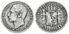 Centenary of the Peseta (1868-1931). Alfonso XII (1874-1885). 1 peseta. 1883*_ _-83. Madrid. MSM. (Cal-21). Ag. 4,83 g. F. Est...18,00. 

Spanish de...