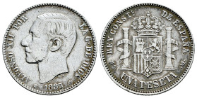 Centenary of the Peseta (1868-1931). Alfonso XII (1874-1885). 1 peseta. 1883*18-83. Madrid. MSM. (Cal-21). Ag. 4,95 g. Minor nick on edge. Cleaned. Al...