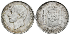 Centenary of the Peseta (1868-1931). Alfonso XII (1874-1885). 2 pesetas. 1882*18-82. Madrid. MSM. (Cal-32). Ag. 9,93 g. Almost VF. Est...18,00. 

Sp...