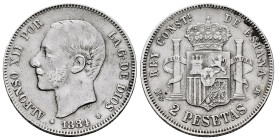 Centenary of the Peseta (1868-1931). Alfonso XII (1874-1885). 2 pesetas. 1884*_ _-84. Madrid. MSM. (Cal-34). Ag. 9,84 g. Minor nicks on edge. Almost V...