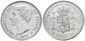 Centenary of the Peseta (1868-1931). Alfonso XII (1874-1885). 5 pesetas. 1876*18-76. Madrid. DEM. (Cal-37). Ag. 24,87 g. Minor marks. Cleaned. Choice ...