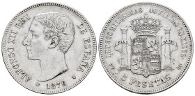 Centenary of the Peseta (1868-1931). Alfonso XII (1874-1885). 5 pesetas. 1876*1_-76. Madrid. DEM. (Cal-37). Ag. 24,80 g. Cleaned. Choice VF/VF. Est......