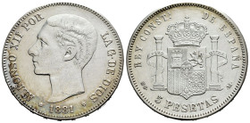 Centenary of the Peseta (1868-1931). Alfonso XII (1874-1885). 5 pesetas. 1881*18-81. Madrid. MSM. (Cal-44). Ag. 24,72 g. Cleaned. Choice VF. Est...60,...