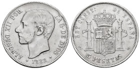 Centenary of the Peseta (1868-1931). Alfonso XII (1874-1885). 5 pesetas. 1882/1*18-_ _. Madrid. MSM. (Cal-49). Ag. 24,71 g. Overdate. Choice F. Est......