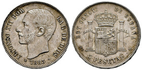 Centenary of the Peseta (1868-1931). Alfonso XII (1874-1885). 5 pesetas. 1883 *18-83. Madrid. MSM. (Cal-55). Ag. 24,88 g. Minor marks. Beautiful patin...