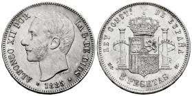 Centenary of the Peseta (1868-1931). Alfonso XII (1874-1885). 5 pesetas. 1885 *18-85. Madrid. MSM. (Cal-60). Ag. 25,05 g. Rubbed. XF. Est...160,00. 
...