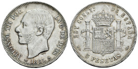 Centenary of the Peseta (1868-1931). Alfonso XII (1874-1885). 5 pesetas. 1885*18-87. Madrid. MSM. (Cal-62). Ag. 24,87 g. Choice VF. Est...50,00. 

S...
