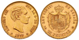 Centenary of the Peseta (1868-1931). Alfonso XII (1874-1885). 25 pesetas. 1877*18-77. Madrid. DEM. (Cal-68). Au. 8,06 g. Minor nicks on edge. XF. Est....