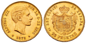 Centenary of the Peseta (1868-1931). Alfonso XII (1874-1885). 25 pesetas. 1878*18-78. Madrid. DEM. (Cal-70). Au. 8,06 g. Scratches on obverse. XF. Est...