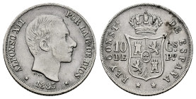Centenary of the Peseta (1868-1931). Alfonso XII (1874-1885). 10 centavos. 1885. Manila. (Cal-102). Ag. 2,54 g. Almost VF. Est...20,00. 

Spanish de...
