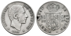 Centenary of the Peseta (1868-1931). Alfonso XII (1874-1885). 20 centavos. 1882. Manila. (Cal-107). Ag. 5,02 g. Almost VF. Est...40,00. 

Spanish de...