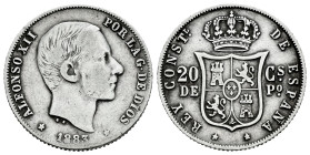 Centenary of the Peseta (1868-1931). Alfonso XII (1874-1885). 20 centavos. 1883. Manila. (Cal-109). Ag. 5,11 g. Choice F. Est...25,00. 

Spanish des...