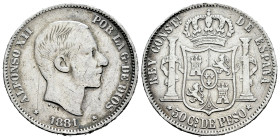 Centenary of the Peseta (1868-1931). Alfonso XII (1874-1885). 50 centavos. 1881. Manila. (Cal-114). Ag. 12,55 g. Tarces of mounting. Cleaned. Choice F...