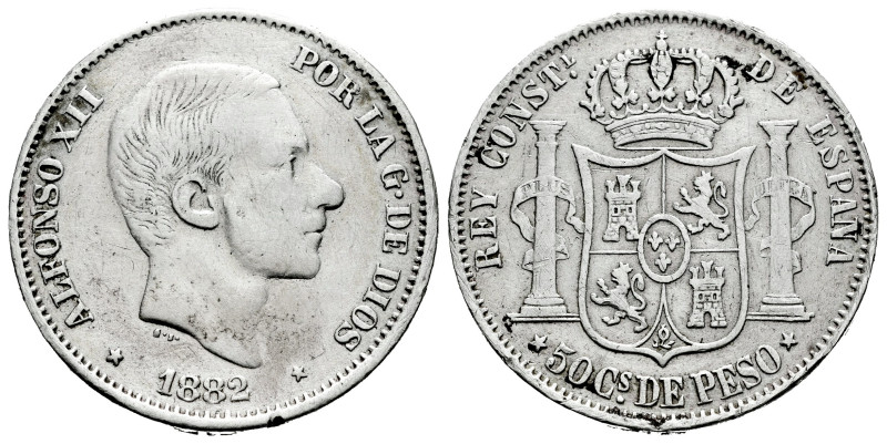 Centenary of the Peseta (1868-1931). Alfonso XII (1874-1885). 50 centavos. 1882....