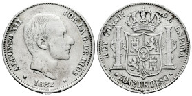 Centenary of the Peseta (1868-1931). Alfonso XII (1874-1885). 50 centavos. 1882. Manila. (Cal-118). Ag. 12,79 g. Knock on edge. Cleaned. Almost VF. Es...