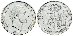 Centenary of the Peseta (1868-1931). Alfonso XII (1874-1885). 50 centavos. 1885. Manila. (Cal-124). Ag. 12,92 g. Minor nicks on edge. Almost XF. Est.....