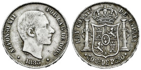 Centenary of the Peseta (1868-1931). Alfonso XII (1874-1885). 50 centavos. 1885. Manila. (Cal-124). Ag. 12,92 g. VF/Choice VF. Est...30,00. 

Spanis...
