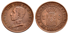Centenary of the Peseta (1868-1931). Alfonso XIII (1886-1931). 1 centimo. 1911*1. Madrid. PCV. (Cal-3). Ae. 1,00 g. Choice VF. Est...35,00. 

Spanis...