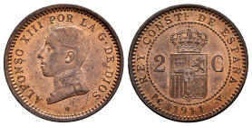 Centenary of the Peseta (1868-1931). Alfonso XIII (1886-1931). 2 centimos. 1911*11. Madrid. PCV. (Cal-13). Ae. 2,13 g. Original luster. Mint state. Es...