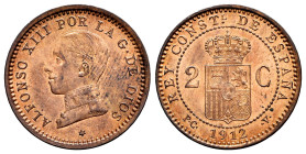 Centenary of the Peseta (1868-1931). Alfonso XIII (1886-1931). 2 centimos. 1912*12. Madrid. PCV. (Cal-15). Ae. 1,98 g. Mint state. Est...20,00. 

Sp...