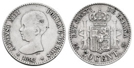 Centenary of the Peseta (1868-1931). Alfonso XIII (1886-1931). 50 centimos. 1892*2-2. Madrid. PGM. (Cal-29). Ag. 2,48 g. Almost VF. Est...45,00. 

S...