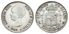 Centenary of the Peseta (1868-1931). Alfonso XIII (1886-1931). 50 centimos. 1892*9-2. Madrid. PGM. (Cal-38). Ag. 2,51 g. Slight tone in reverse. Almos...