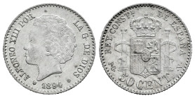 Centenary of the Peseta (1868-1931). Alfonso XIII (1886-1931). 50 centimos. 1894*9-4. Madrid. PGV. (Cal-43). Ag. 2,49 g. VF. Est...25,00. 

Spanish ...