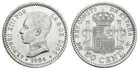Centenary of the Peseta (1868-1931). Alfonso XIII (1886-1931). 50 centimos. 1904*0-4. Madrid. SMV. (Cal-46). Ag. 2,51 g. Original luster. Mint state. ...