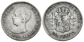 Centenary of the Peseta (1868-1931). Alfonso XIII (1886-1931). 1 peseta. 1889*_ _-_9. Madrid. MPM. (Cal-52). Ag. 4,91 g. Scarce. Almost VF. Est...80,0...