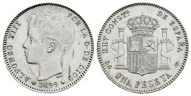 Centenary of the Peseta (1868-1931). Alfonso XIII (1886-1931). 1 peseta. 1899*18-99. Madrid. SGV. (Cal-57). Ag. 5,01 g. Rubbed. Original luster. AU/Al...