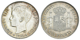 Centenary of the Peseta (1868-1931). Alfonso XIII (1886-1931). 1 peseta. 1901*19-01. Madrid. SMV. (Cal-60). Ag. 4,96 g. Cleaned. Almost XF/XF. Est...5...