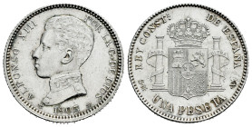 Centenary of the Peseta (1868-1931). Alfonso XIII (1886-1931). 1 peseta. 1903*19-03. Madrid. SMV. (Cal-67). Ag. 5,05 g. Slightly cleaned obverse. AU. ...