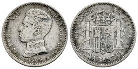 Centenary of the Peseta (1868-1931). Alfonso XIII (1886-1931). 1 peseta. 1905 *19-05. Madrid. SMV. (Cal-70). Ag. 5,00 g. Scratch on obverse. Scarce. A...