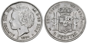 Centenary of the Peseta (1868-1931). Alfonso XIII (1886-1931). 2 pesetas. 1894*18-94. Madrid. PGV. (Cal-86). Ag. 9,96 g. Cleaned. Knock on edge. Almos...