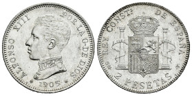Centenary of the Peseta (1868-1931). Alfonso XIII (1886-1931). 2 pesetas. 1905*19-05. Madrid. SMV. (Cal-88). Ag. 10,02 g. Minor marks. It retains some...