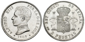 Centenary of the Peseta (1868-1931). Alfonso XIII (1886-1931). 2 pesetas. 1905*19-05. Madrid. SMV. (Cal-88). Ag. 10,10 g. Original luster. Almost MS/A...