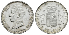 Centenary of the Peseta (1868-1931). Alfonso XIII (1886-1931). 5 pesetas. 1905*19-05. Madrid. SMV. (Cal-88). Ag. 10,01 g. Original luster. Minor marks...