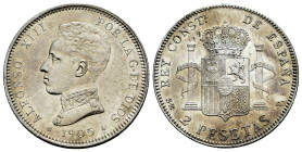 Centenary of the Peseta (1868-1931). Alfonso XIII (1886-1931). 2 pesetas. 1905*19-_5. Madrid. SMV. (Cal-88). Ag. 10,01 g. Almost XF. Est...20,00. 

...