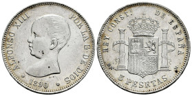Centenary of the Peseta (1868-1931). Alfonso XIII (1886-1931). 5 pesetas. 1890*18-90. Madrid. MPM. (Cal-95). Ag. 24,92 g. Minor marks. Minor nicks on ...