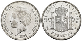 Centenary of the Peseta (1868-1931). Alfonso XIII (1886-1931). 5 pesetas. 1894 *18-94. Madrid. PGV. (Cal-99). Ag. 25,03 g. Choice VF/Almost XF. Est......